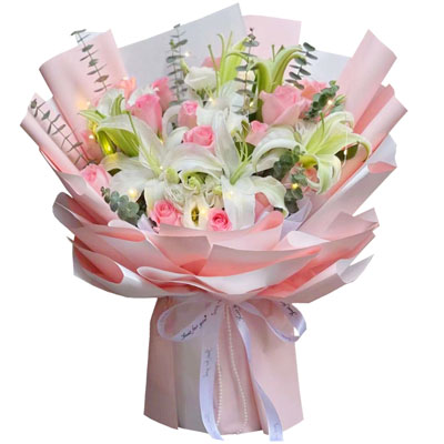 荆州16朵粉玫瑰百合,感情稳定坚固